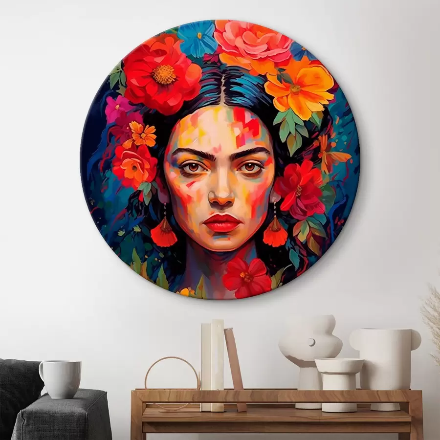 Glezna Sievietes portrets ar ziedu rāmi spilgtā abstraktā stilā r42653