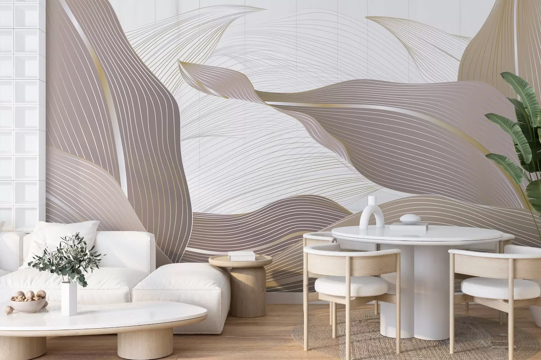 Fototapetes Abstraktais raksts ar viļņotām lapām maigos rozā un bēša toņos uz gaiša fona ar smalku faktūras detaļu w08686v1