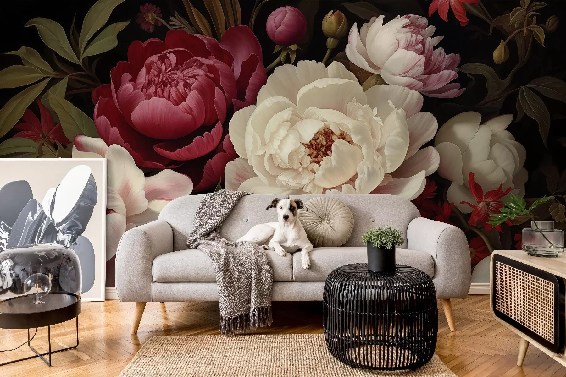 Fototapetes Grezns peoniju un ziedu pušķis bagātīgos sarkanos, rozā un krēmkrāsas toņos uz tumša fona w08689