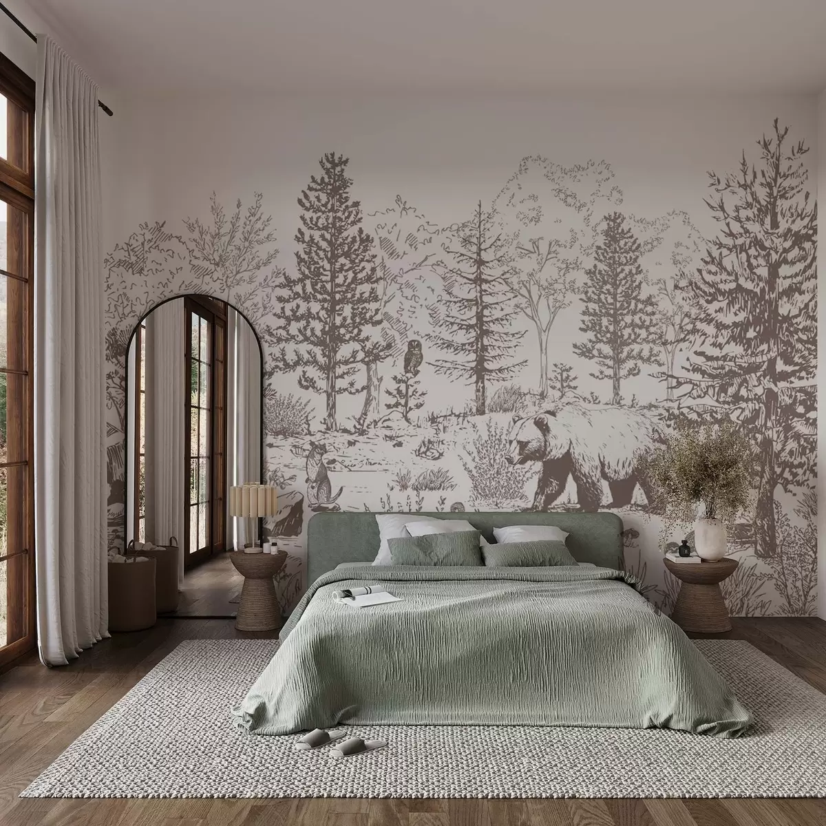 Fototapetes Meža dzīve, koki, savvaļas dzīvnieki, lācis, lapsa, pūce, krūmi, zīmējums zīmuļa stilā, bēšas krāsas w02929