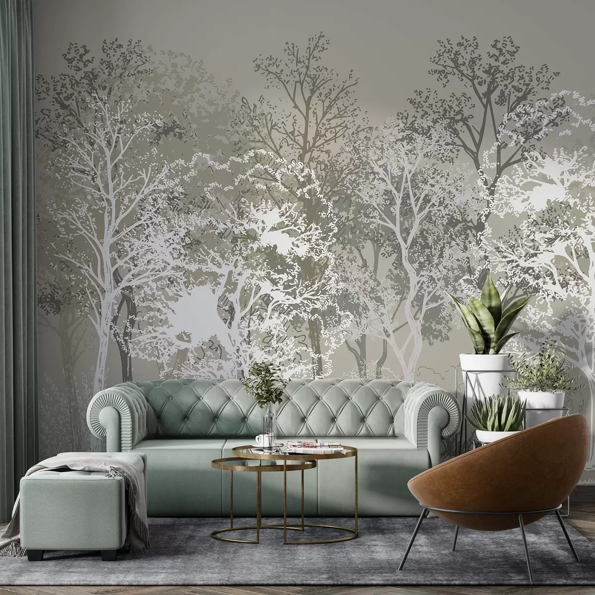 Fototapetes Koki mežā, minimālisms, daba, zaļā krāsu palete  w02930v1