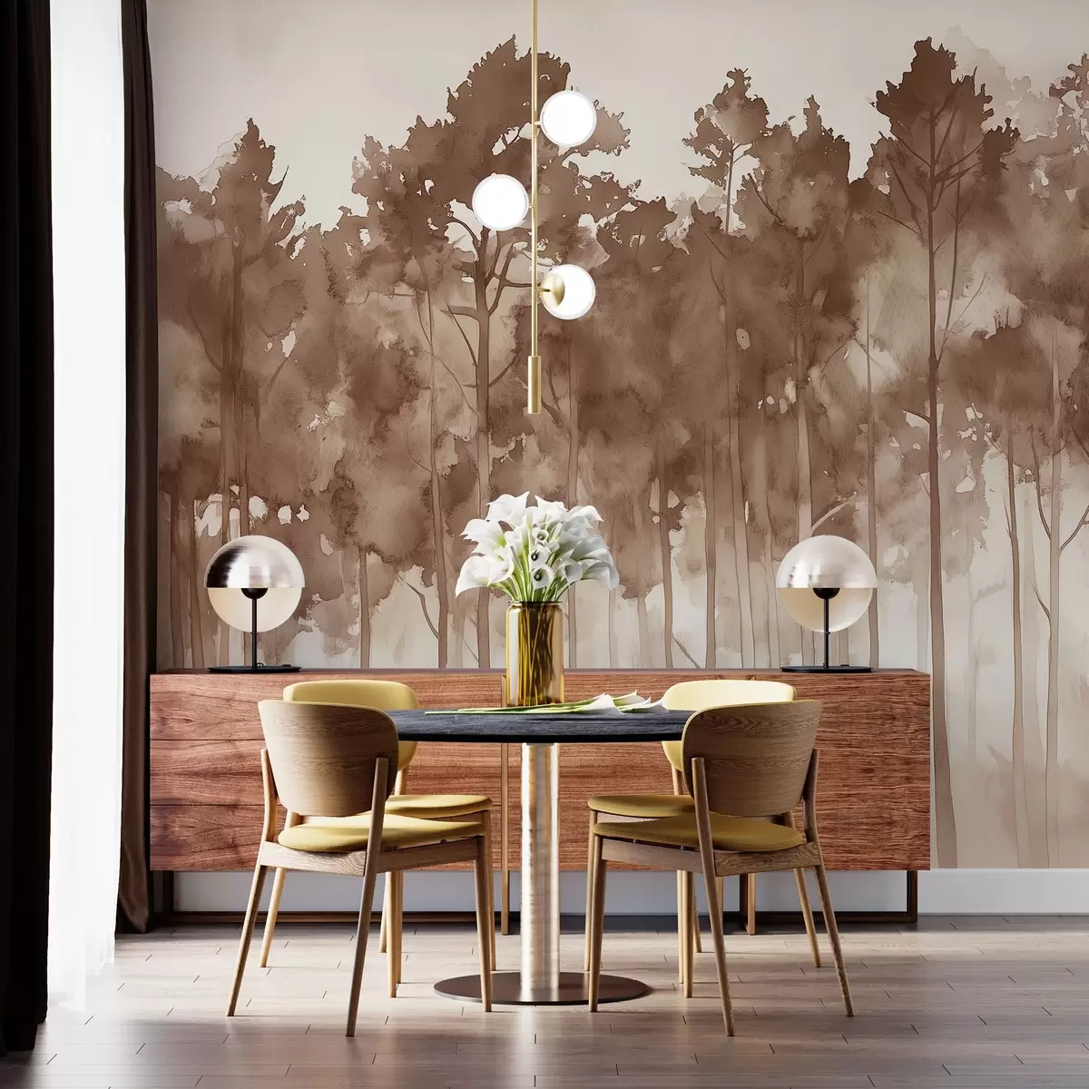 Fototapetes Akvareļu stila mežs, priedes, dabas ainava, smilškrāsas krāsas w02937v1