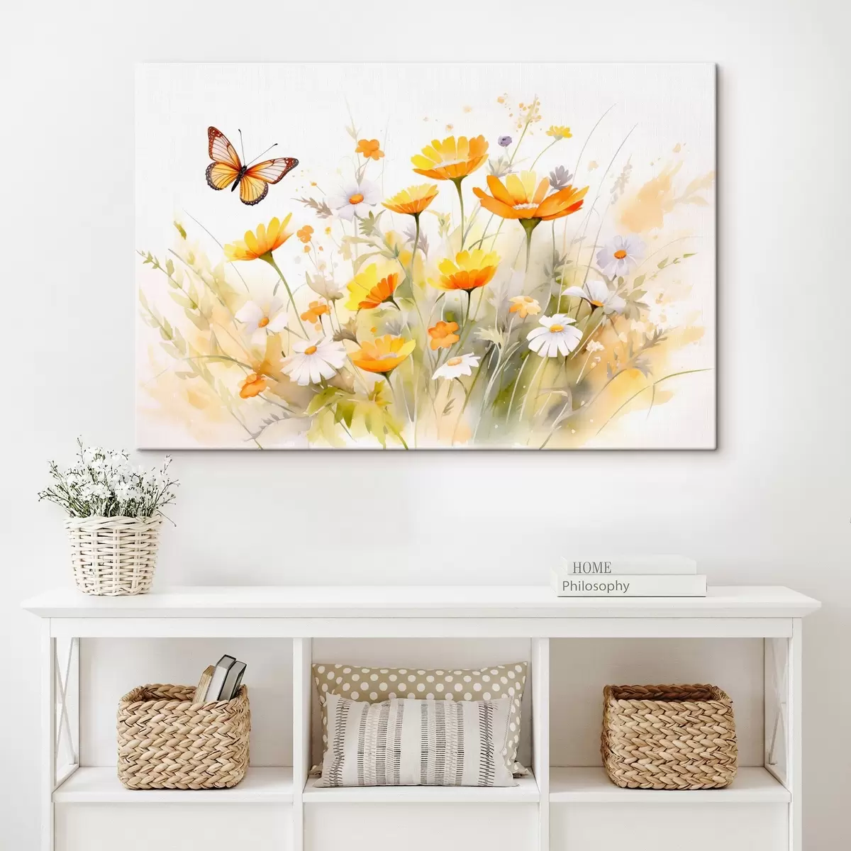 Glezna Spilgts, akvarelim līdzīgs ziedu lauks ar oranžām un baltām margrietiņām un netālu lidojošu tauriņu s42714