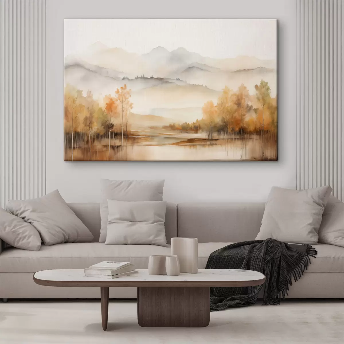 Glezna Ainava ar mīkstiem kalniem, mierīgu ezeru, kas atspoguļo ainavu, un kokiem ar oranžu lapotni s42716