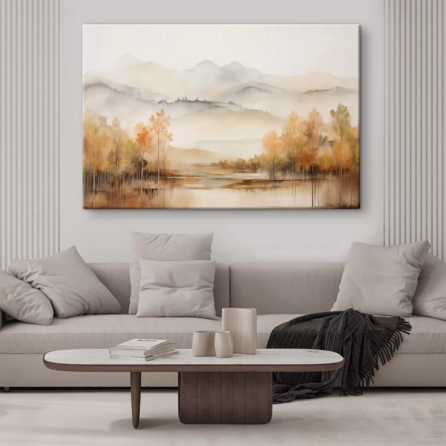 Fototapetes Ainava ar mīkstiem kalniem, mierīgu ezeru, kas atspoguļo ainavu, un kokiem ar oranžu lapotni s42716