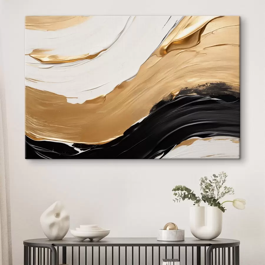 Glezna Abstrakta kompozīcija ar drosmīgiem baltas, dzeltenas un melnas krāsas triepieniem s42717