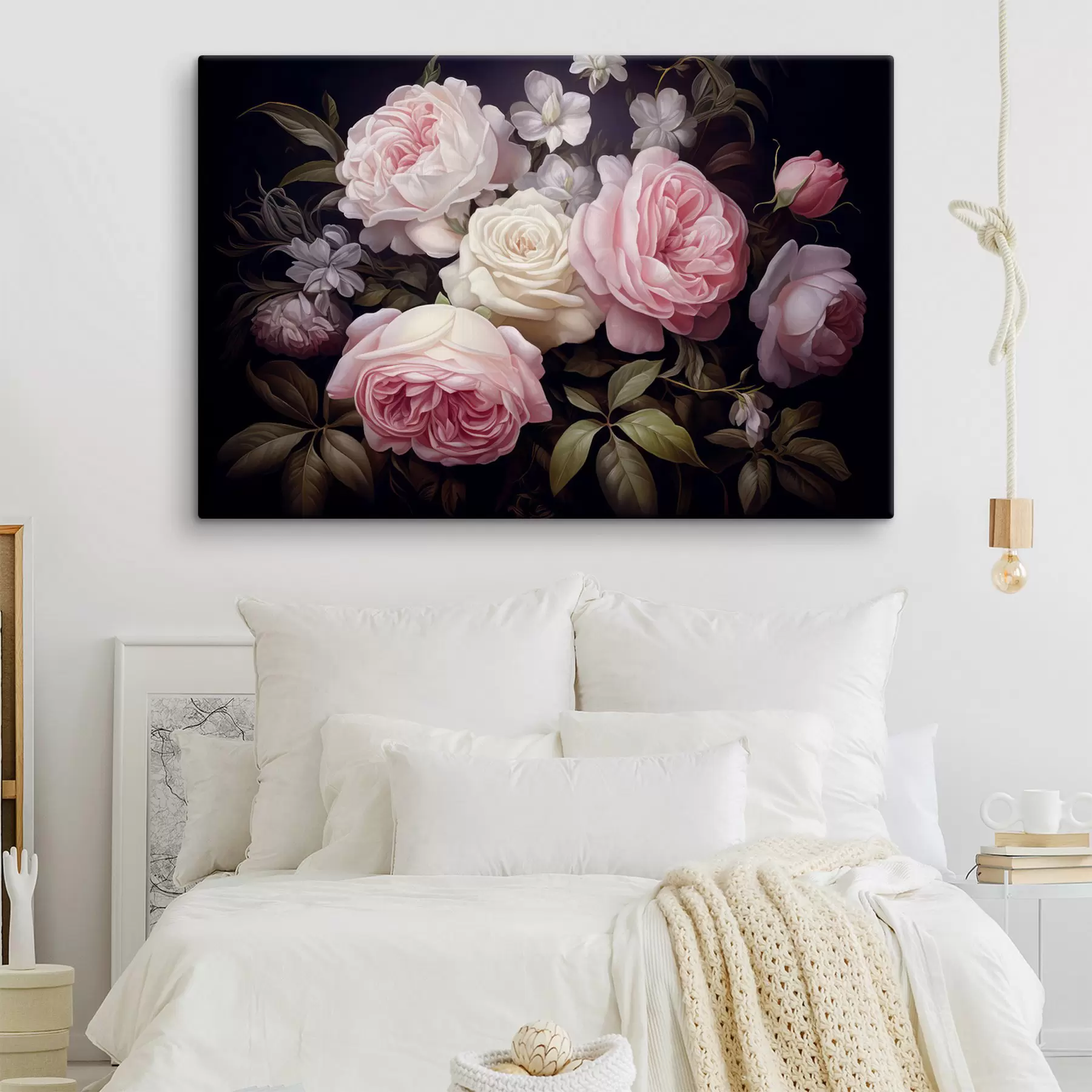 Fototapetes Rozā un baltas rozes ar smalkiem baltiem ziediem un zaļām lapām uz tumša fona s42721