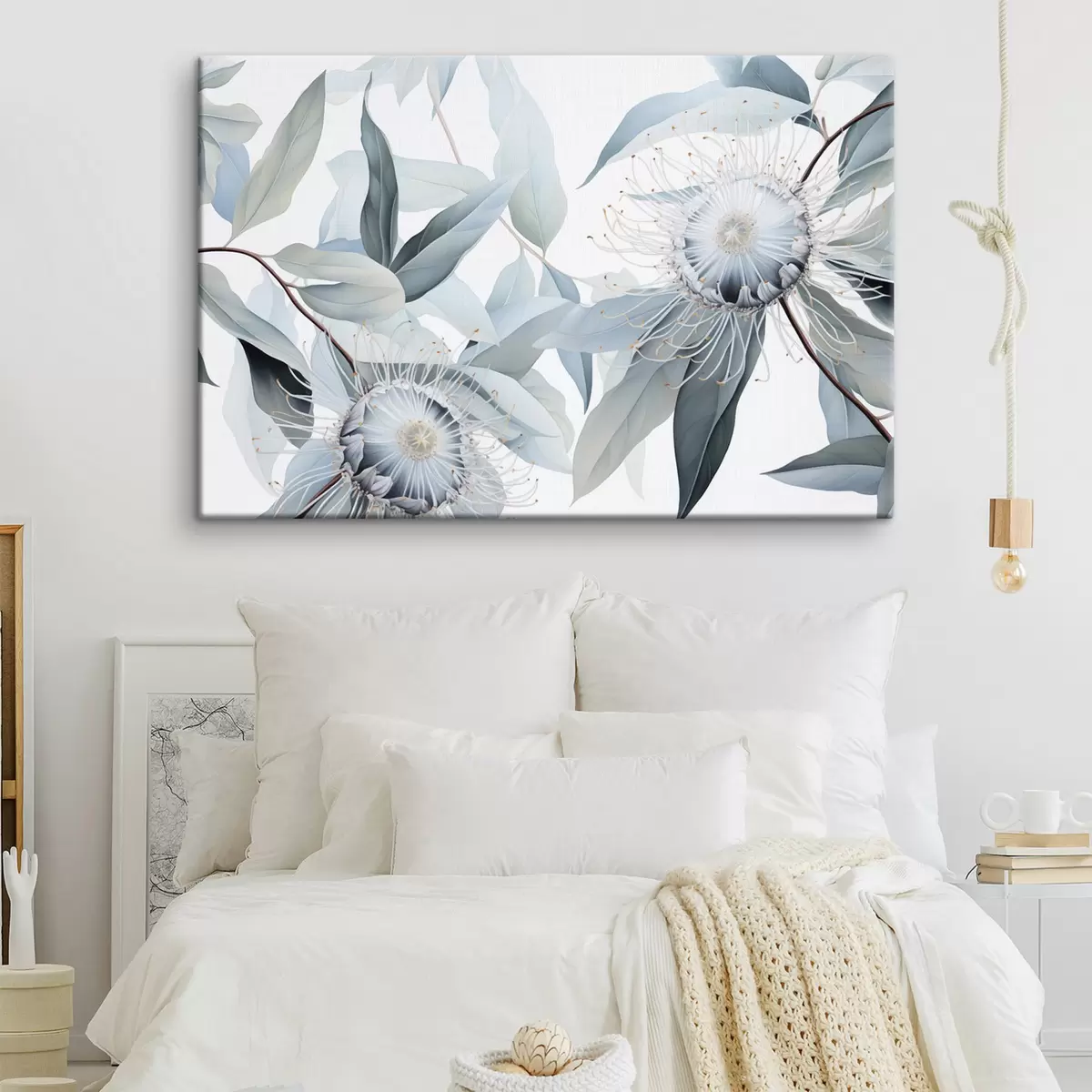 Glezna Detalizēta botāniska ilustrācija ar eikalipta ziediem ar baltiem pavedieniem, ko ieskauj maigas, gaiši zaļas lapas s42725