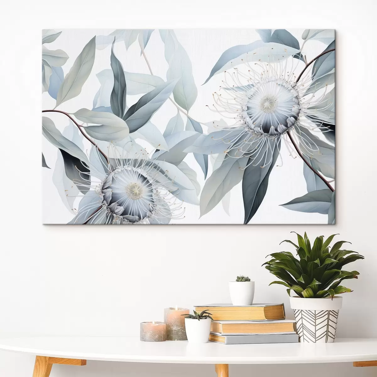 Glezna Detalizēta botāniska ilustrācija ar eikalipta ziediem ar baltiem pavedieniem, ko ieskauj maigas, gaiši zaļas lapas s42725