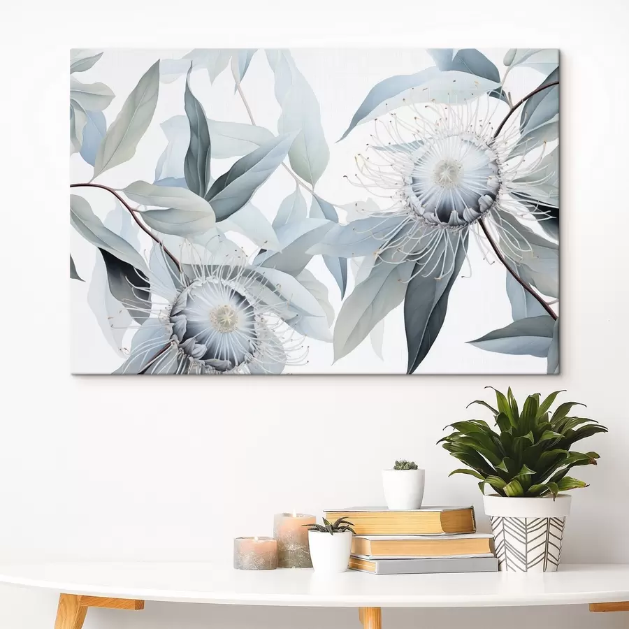 Glezna Detalizēta botāniska ilustrācija ar eikalipta ziediem ar baltiem pavedieniem, ko ieskauj maigas, gaiši zaļas lapas s42725