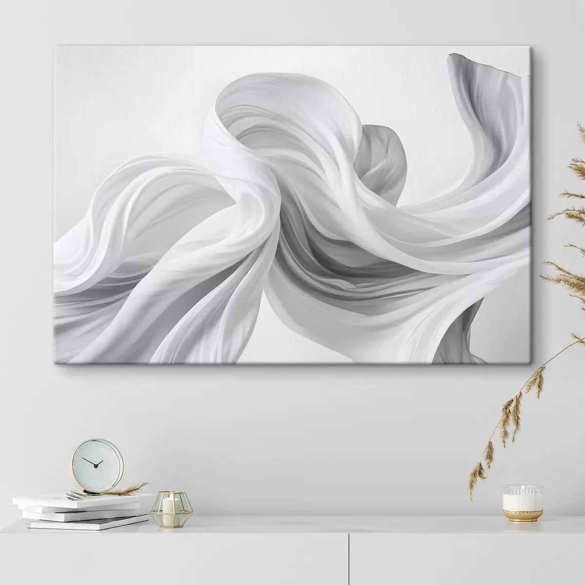 Glezna Plūstošas baltas un pelēkas audumam līdzīgas formas, kas virpuļo un savijas uz gaiša fona  s42732