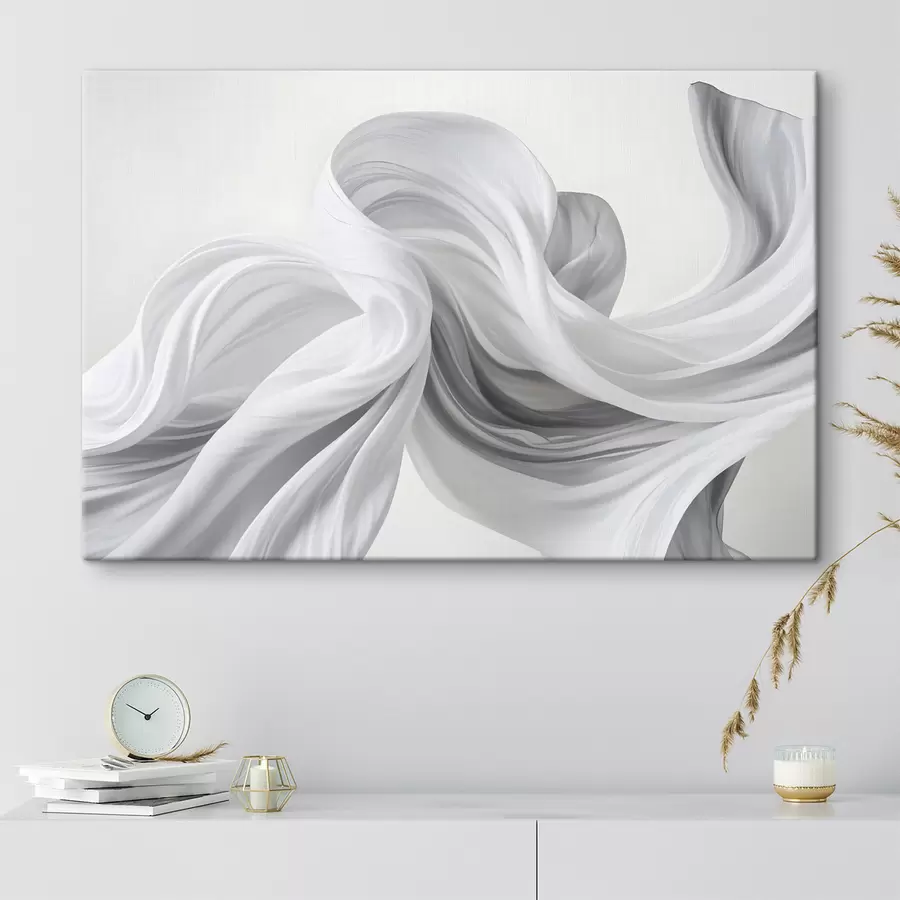 Glezna Plūstošas baltas un pelēkas audumam līdzīgas formas, kas virpuļo un savijas uz gaiša fona  s42732