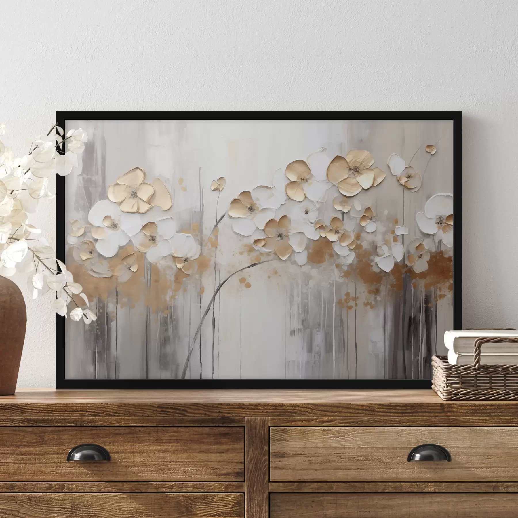 Fototapetes Ziedi ar teksturētām ziedlapiņām uz maiga, pieklusināta fona ar abstraktiem krāsu triepieniem un vertikālām līnijām f42713