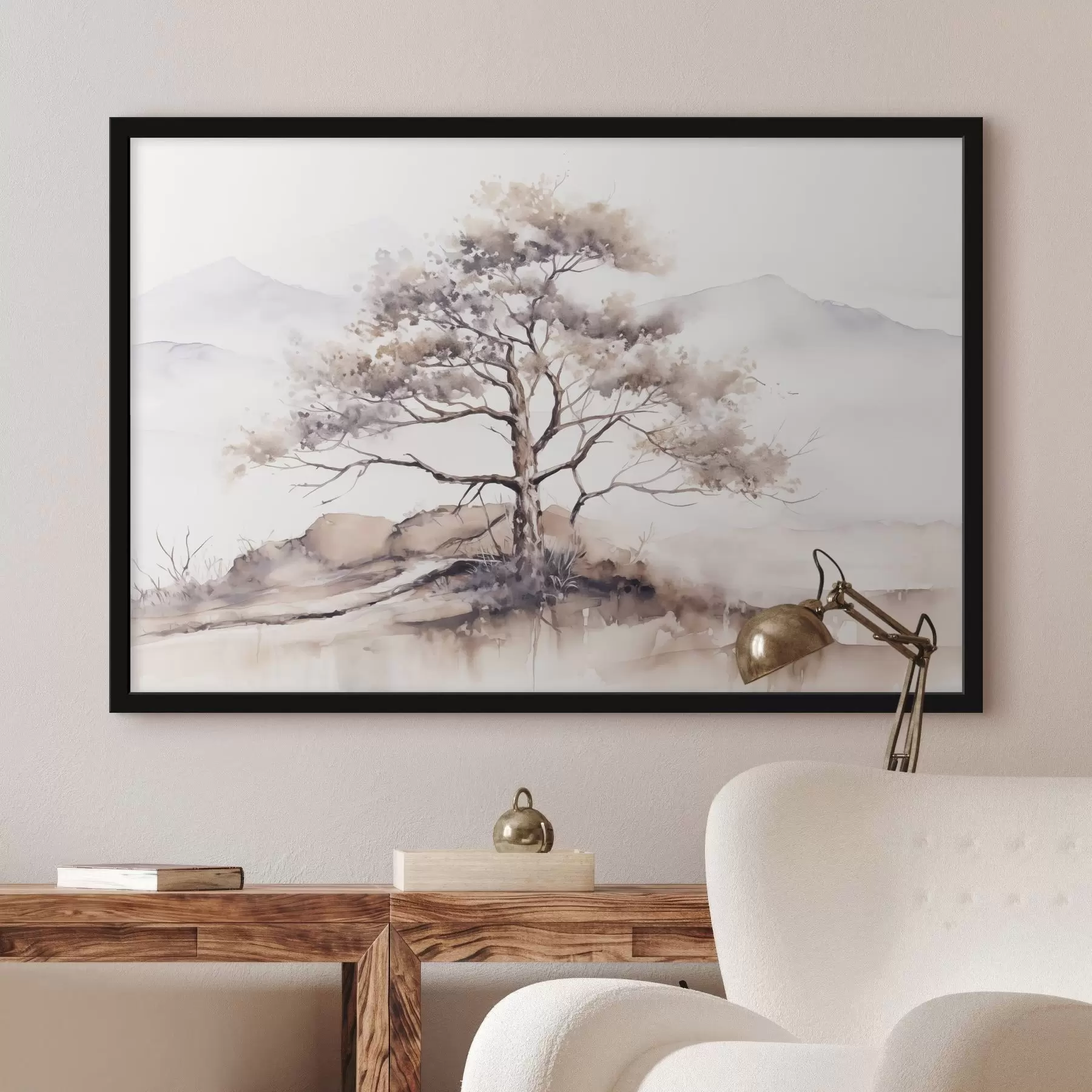 Glezna Vientuļš koks ar savītu stumbru un retiem zariem uz maiga, klusināta kalnu fona f42715