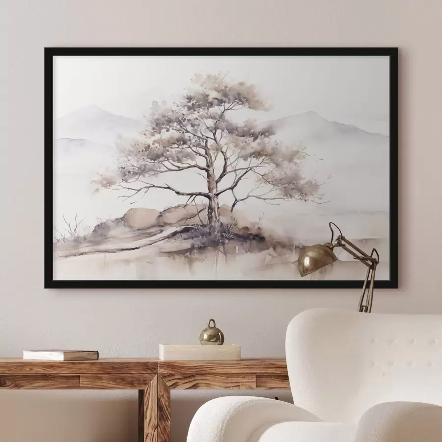 Fototapetes Vientuļš koks ar savītu stumbru un retiem zariem uz maiga, klusināta kalnu fona f42715