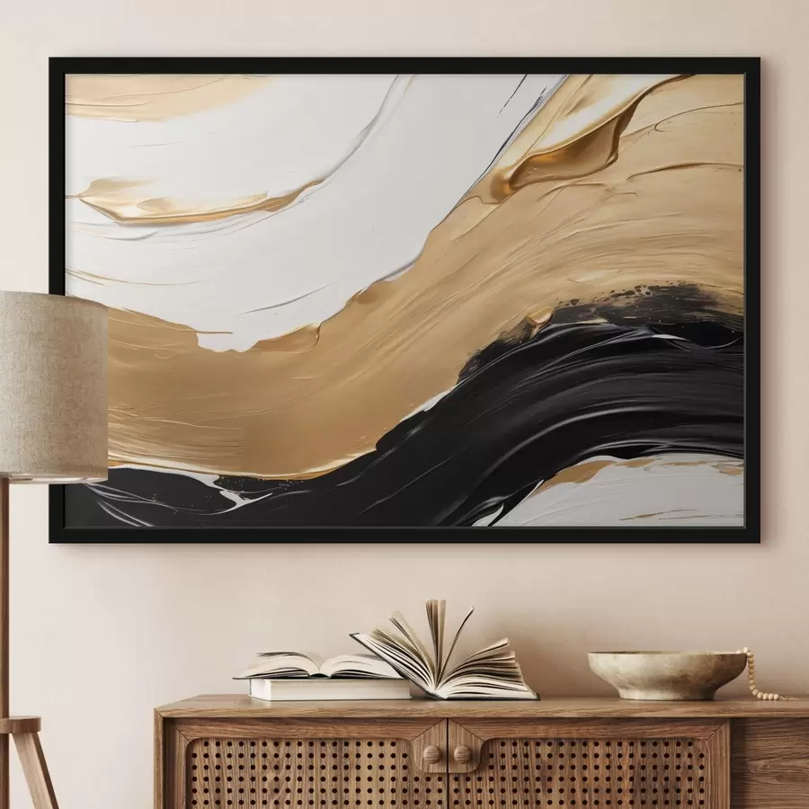 Fototapetes Abstrakta kompozīcija ar drosmīgiem baltas, dzeltenas un melnas krāsas triepieniem f42717