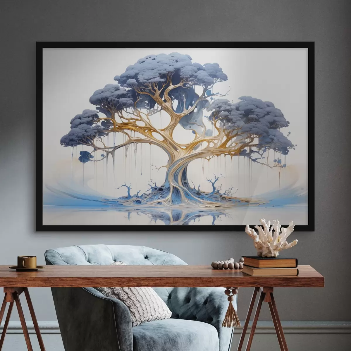 Plakāts Stilizēts koks ar sarežģītiem zariem un lapotni, kurā apvienoti zili un dzelteni toņi f42722