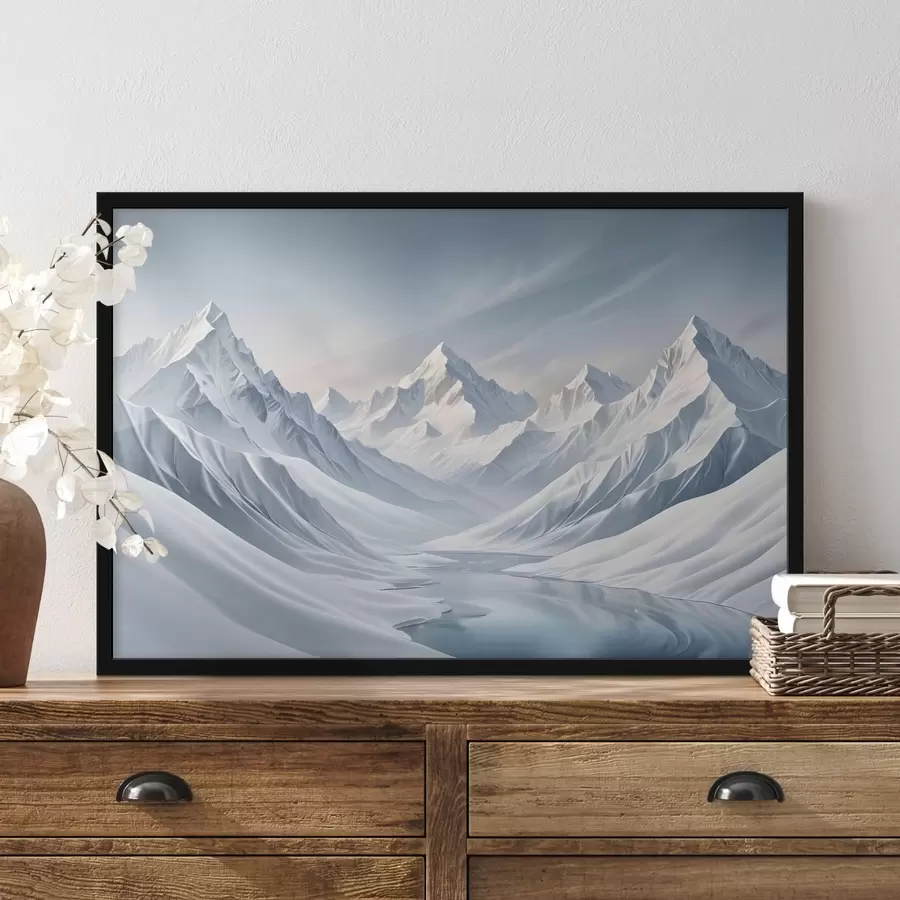 Fototapetes Sniegiem klāti kalni ar asām virsotnēm un maigu debess gradientu, kas pāriet no bāli zilas uz gaiši zilu f42724