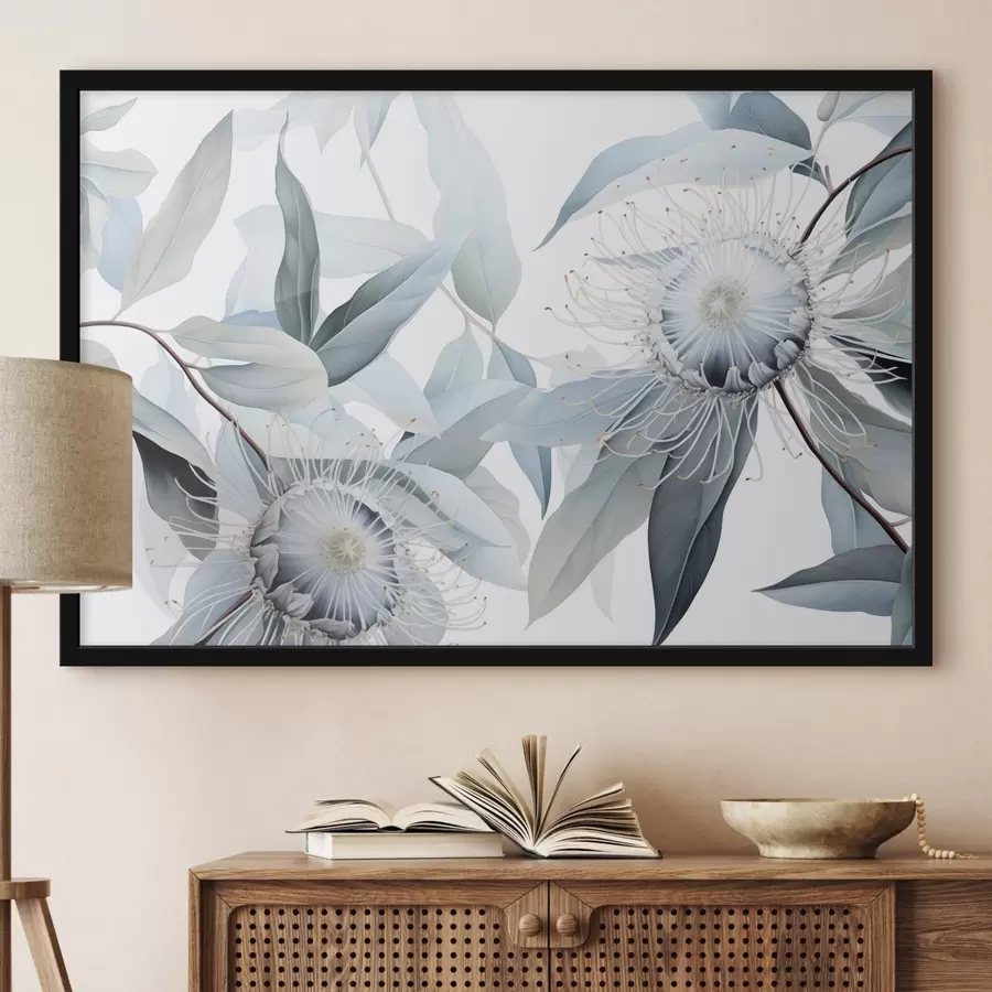 Fototapetes Detalizēta botāniska ilustrācija ar eikalipta ziediem ar baltiem pavedieniem, ko ieskauj maigas, gaiši zaļas lapas f42725