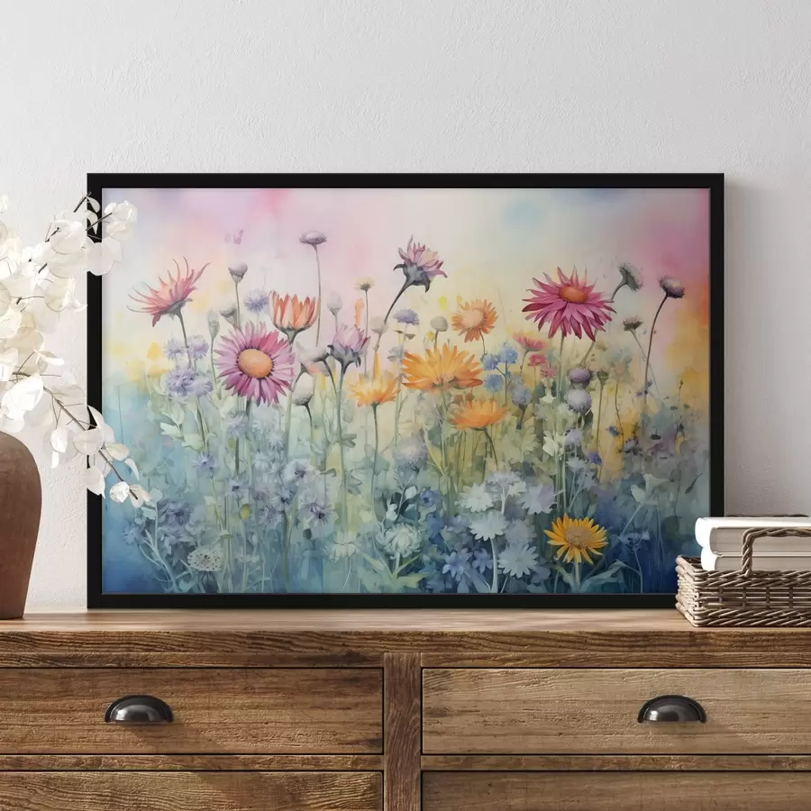 Fototapetes Spilgts lauka lauks ar augstiem un sulīgiem savvaļas ziediem uz maiga pasteļkrāsas akvareļfona f42726