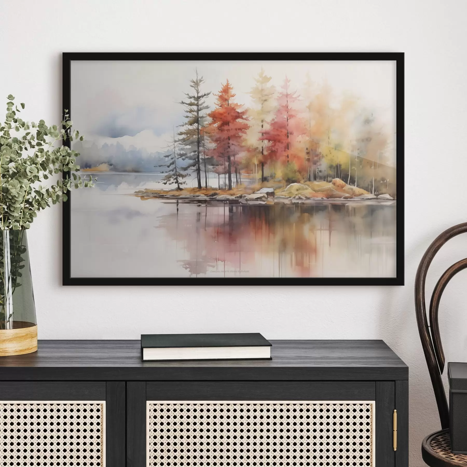 Fototapetes Akvarelim līdzīga ainava ar ezeru, ko ieskauj koki košās rudens krāsās f42727