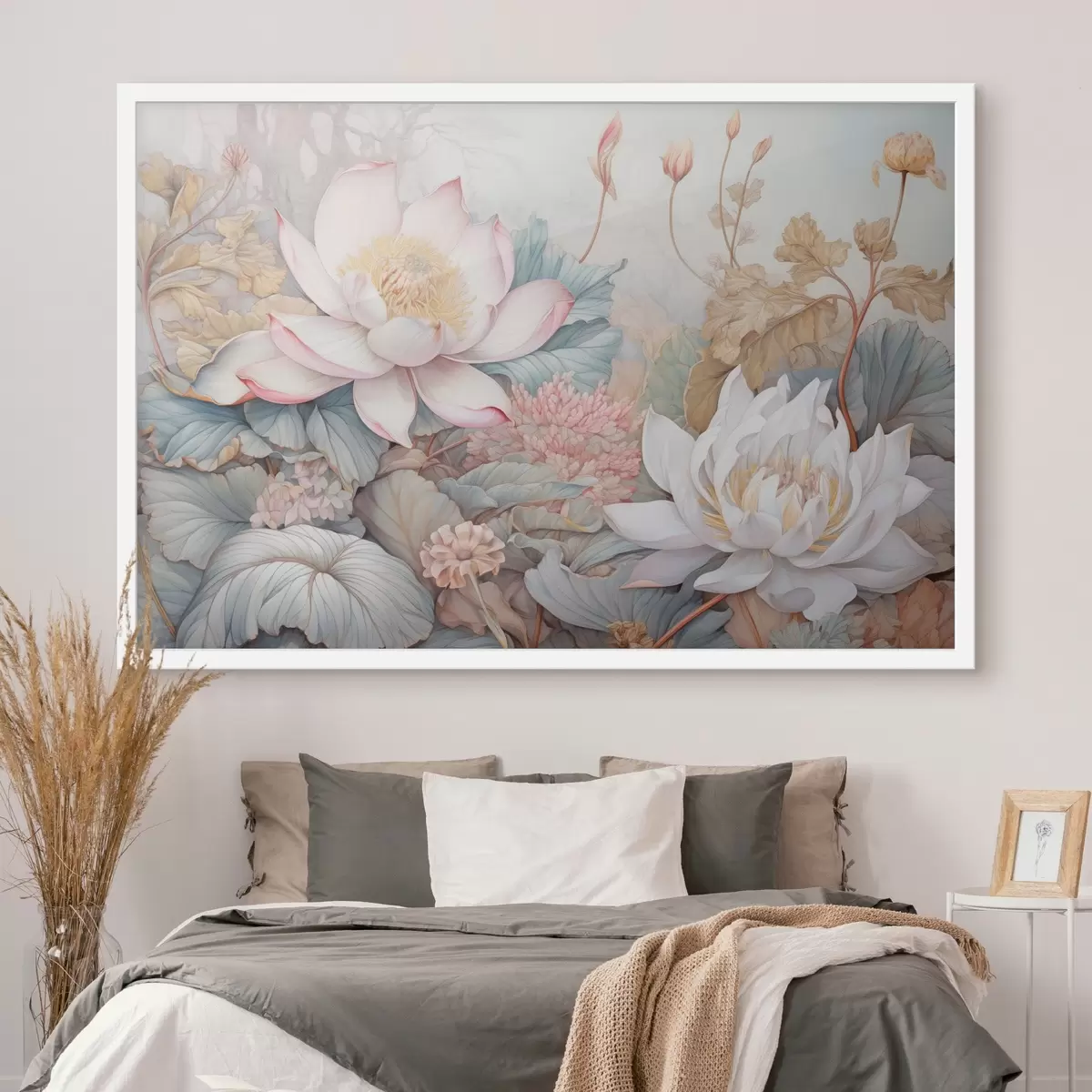 Plakāts Lieli, ziedoši lotosa ziedi maigi rozā un baltā krāsā, ko ieskauj zaļas lapas un maigi rozā zaļgani zaļumi f42729