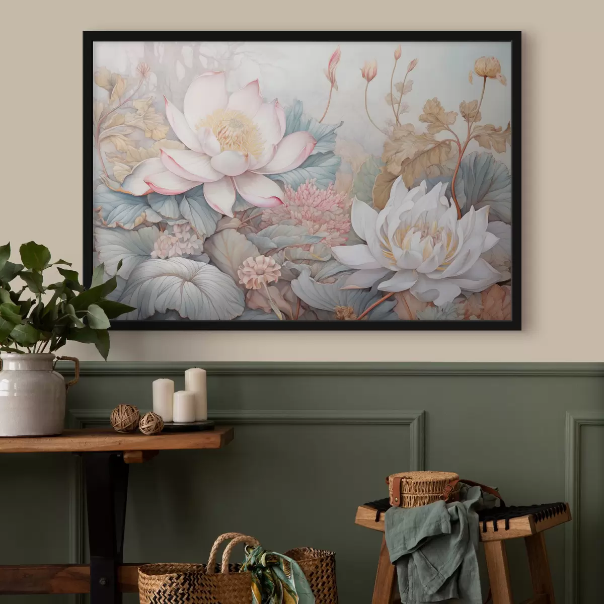 Plakāts Lieli, ziedoši lotosa ziedi maigi rozā un baltā krāsā, ko ieskauj zaļas lapas un maigi rozā zaļgani zaļumi f42729