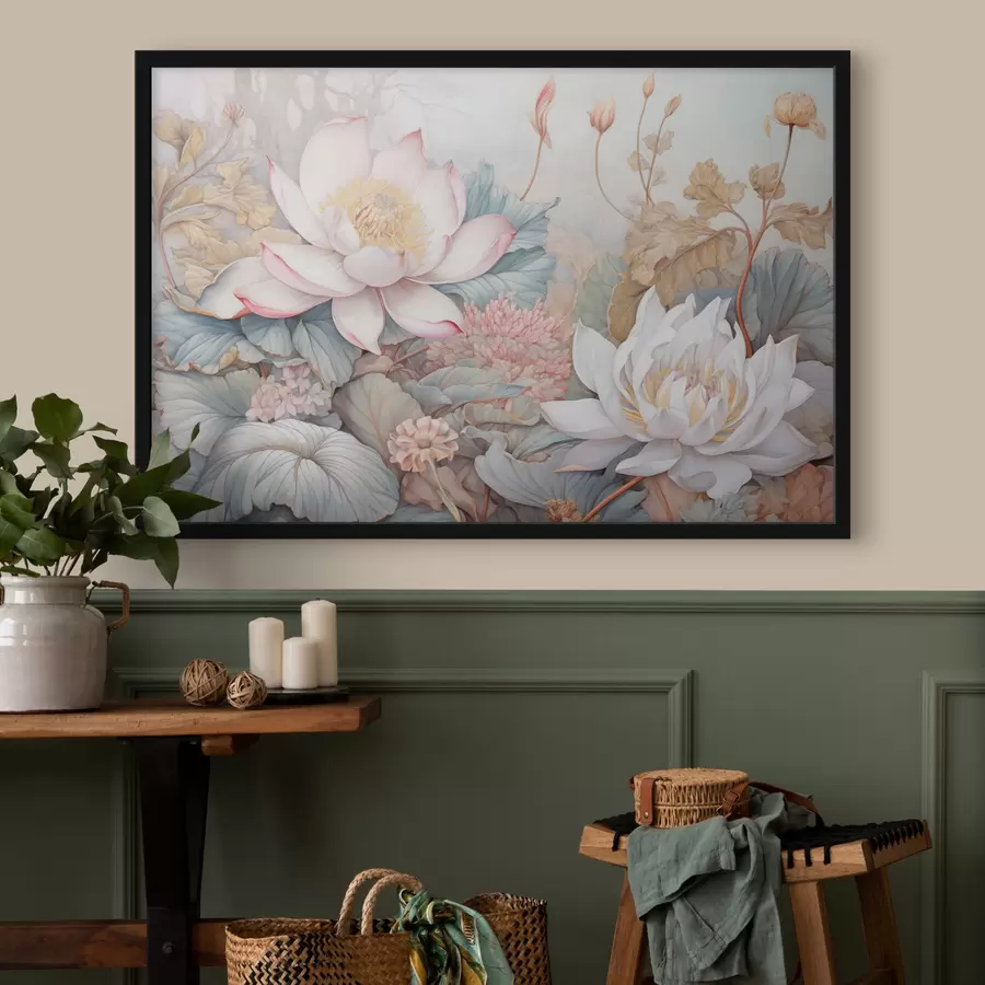 Fototapetes Lieli, ziedoši lotosa ziedi maigi rozā un baltā krāsā, ko ieskauj zaļas lapas un maigi rozā zaļgani zaļumi f42729