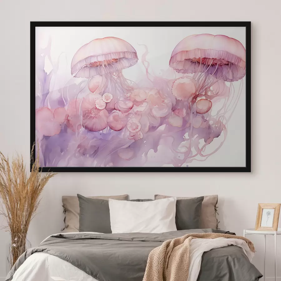 Fototapetes Rozā medūzas, kas peld maigu rozā un violetu nokrāsu virpulī, ieskauj abstraktas figūras f42730