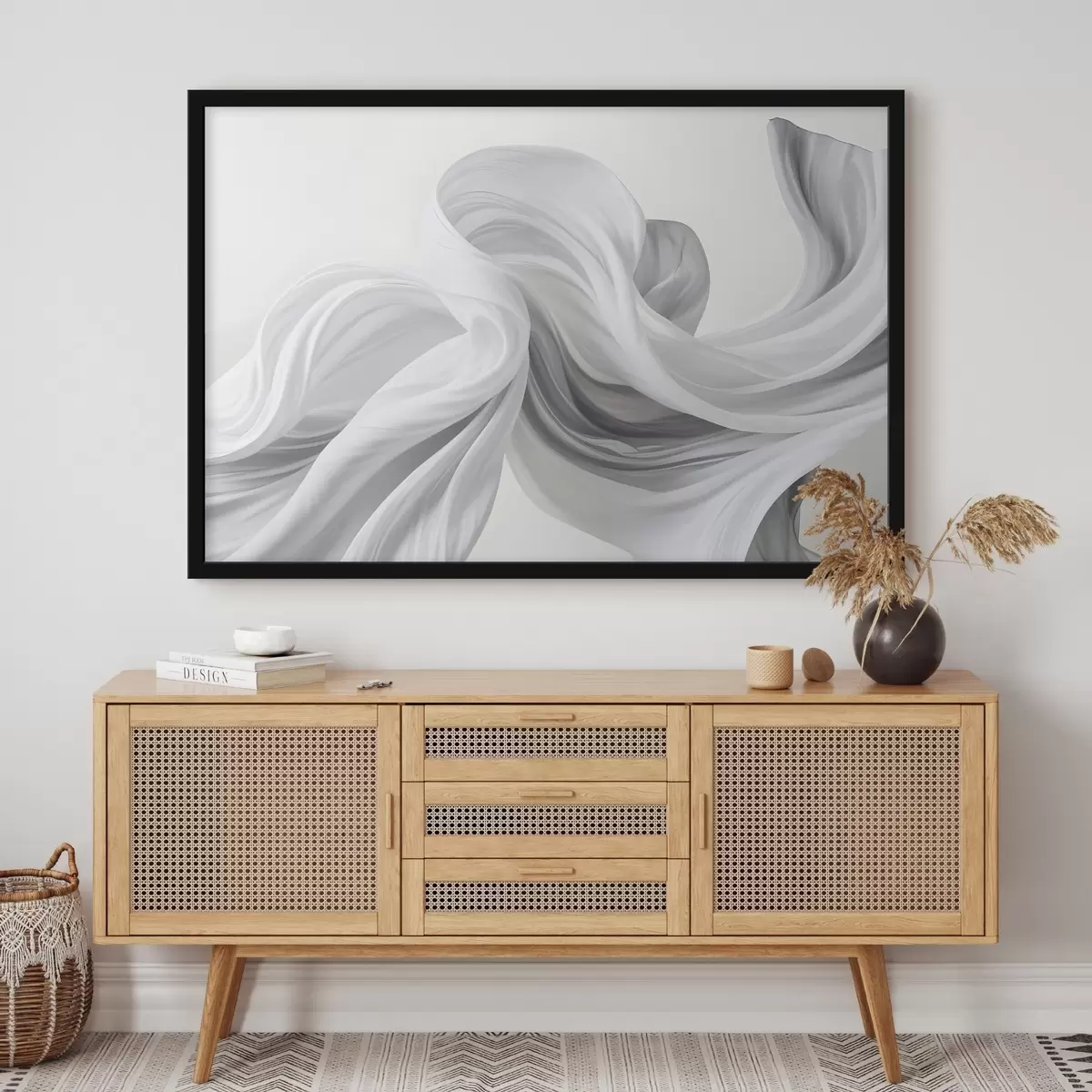 Plakāts Plūstošas baltas un pelēkas audumam līdzīgas formas, kas virpuļo un savijas uz gaiša fona f42732