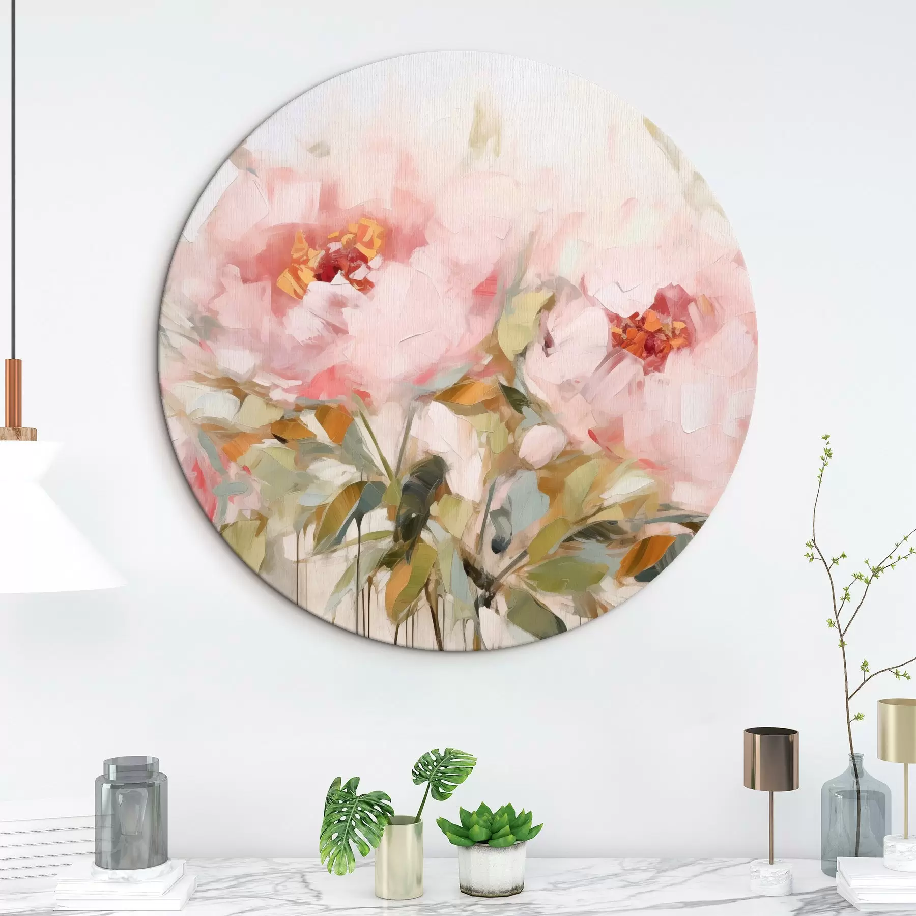 Glezna Eļļas glezna, kas imitē lielas rozā peonijas ar mīkstiem ziedlapiņām un dzelteniem centriem, ko ieskauj zaļas lapas r42720