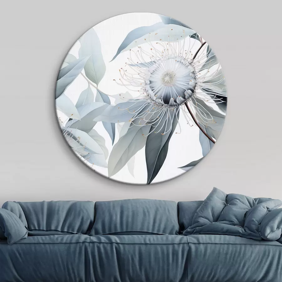 Glezna Detalizēta botāniska ilustrācija ar eikalipta ziediem ar baltiem pavedieniem, ko ieskauj maigas, gaiši zaļas lapas r42725