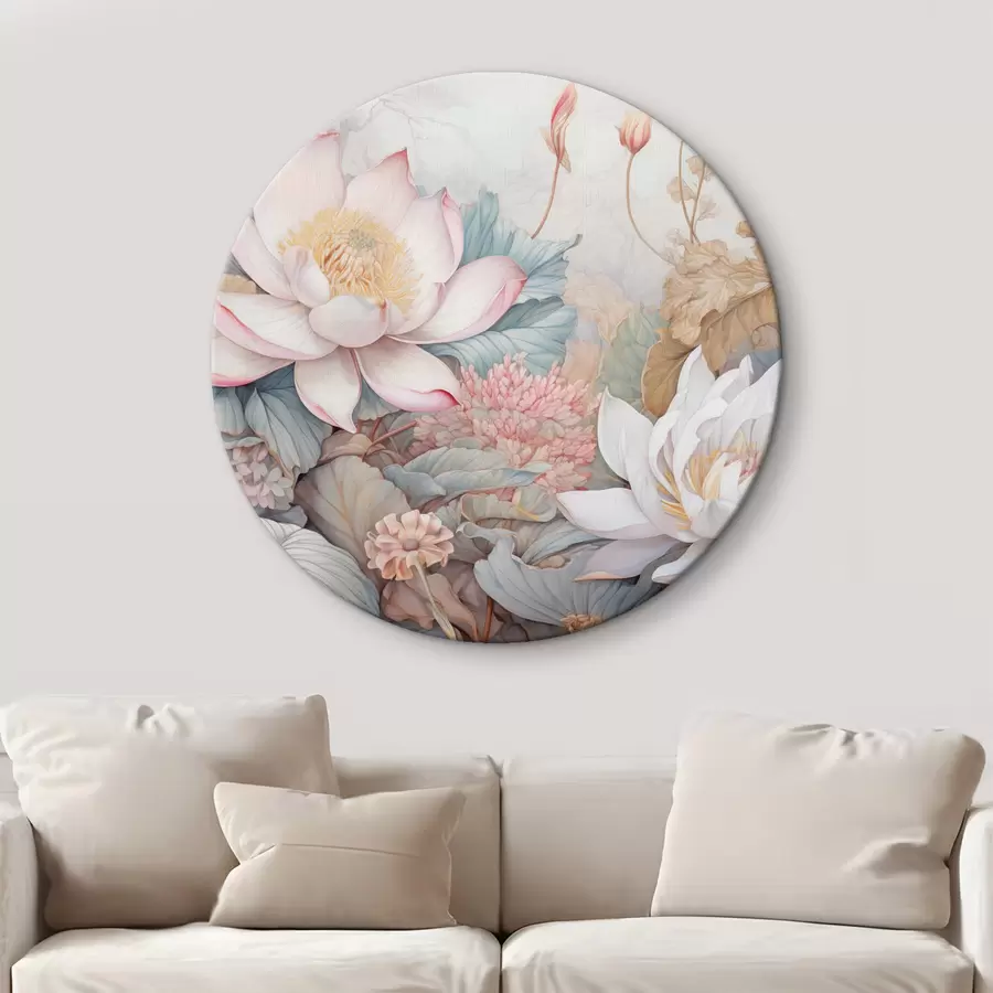 Glezna Lieli, ziedoši lotosa ziedi maigi rozā un baltā krāsā, ko ieskauj zaļas lapas un maigi rozā zaļgani zaļumi r42729