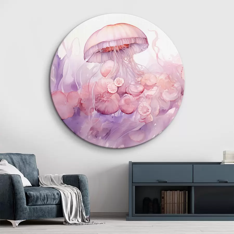 Glezna Rozā medūzas, kas peld maigu rozā un violetu nokrāsu virpulī, ieskauj abstraktas figūras r42730