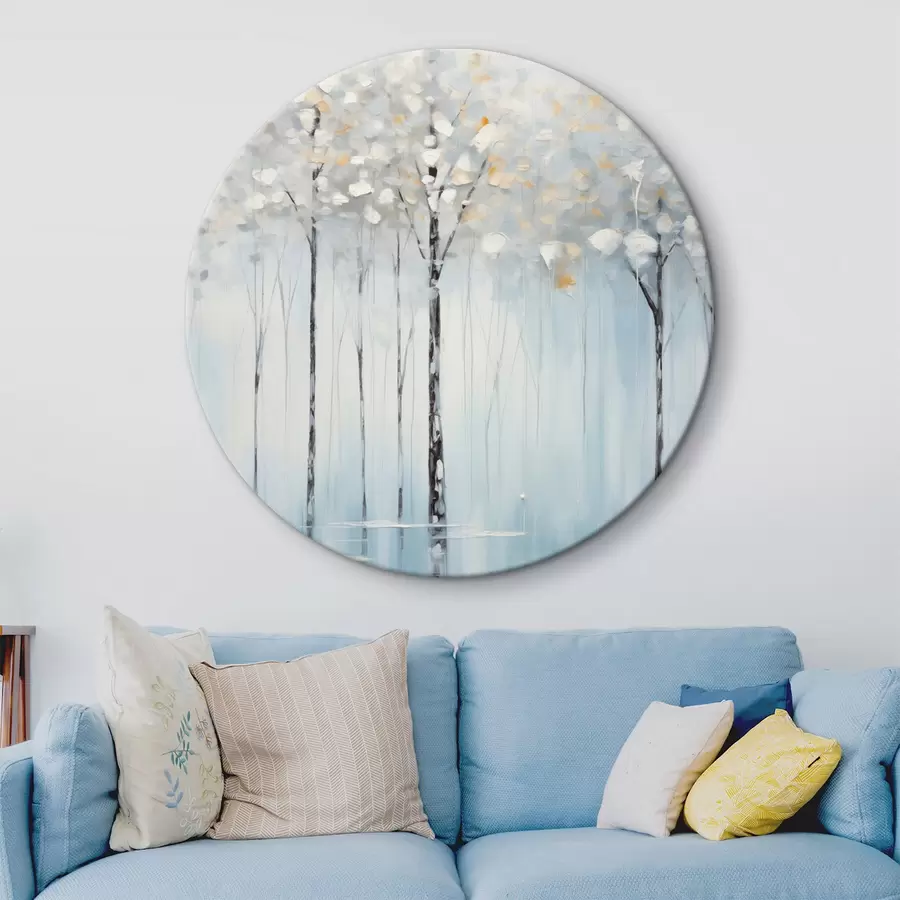 Glezna Augsti, slaidi koki ar zilām lapām un dzeltenām nokrāsām uz maigi zila fona, eļļas glezniecības imitācija r42731