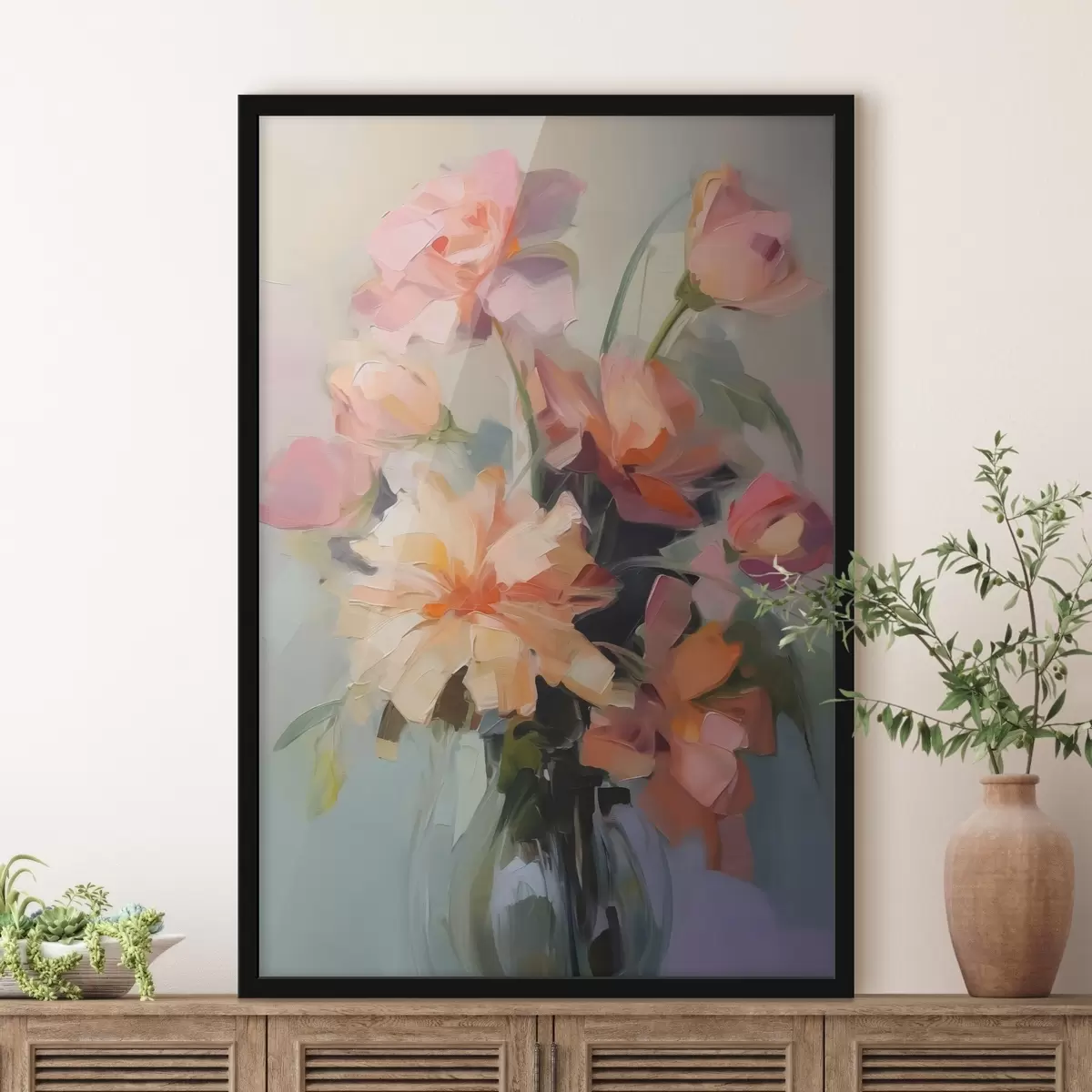 Plakāts Krizantēmas vāzē glezniecības triepienu imitācija f42745