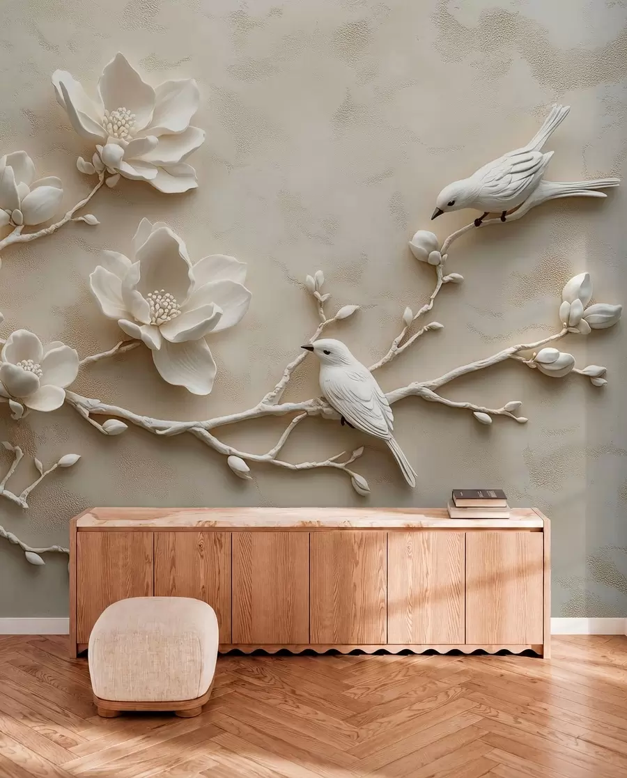 Fototapetes 3D magnolijas zari ar putniem uz tiem w08690