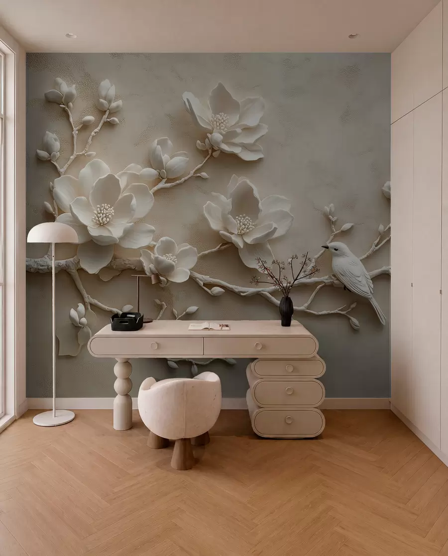 Fototapetes 3D magnolijas zari ar putniem uz tiem w08690
