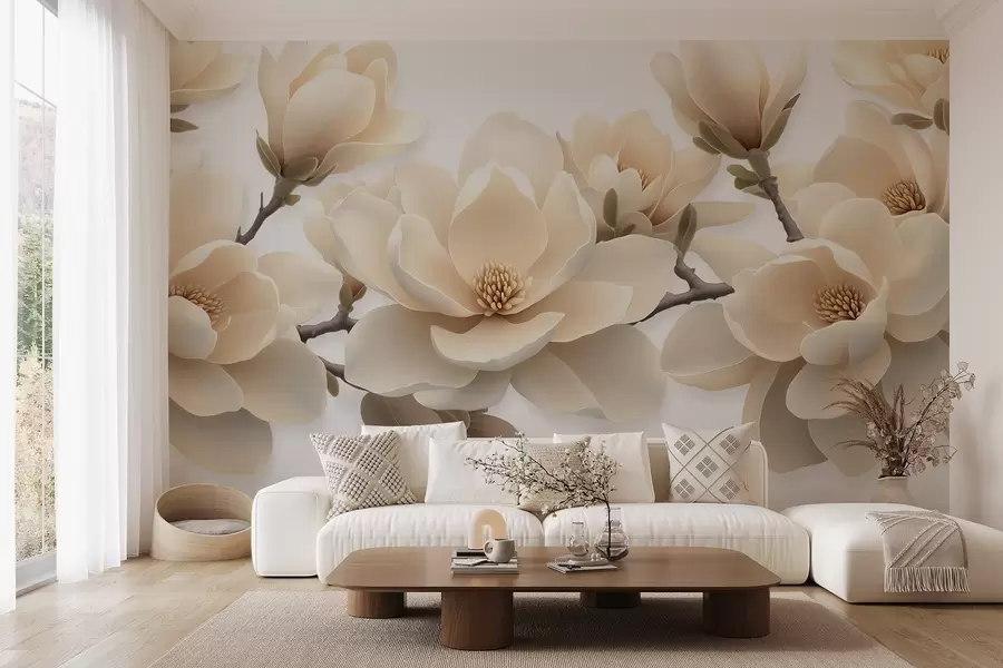 Fototapetes Smilškrāsas krāsas magnolijas ziedi krēmkrāsas tonī uz balta fona w08692