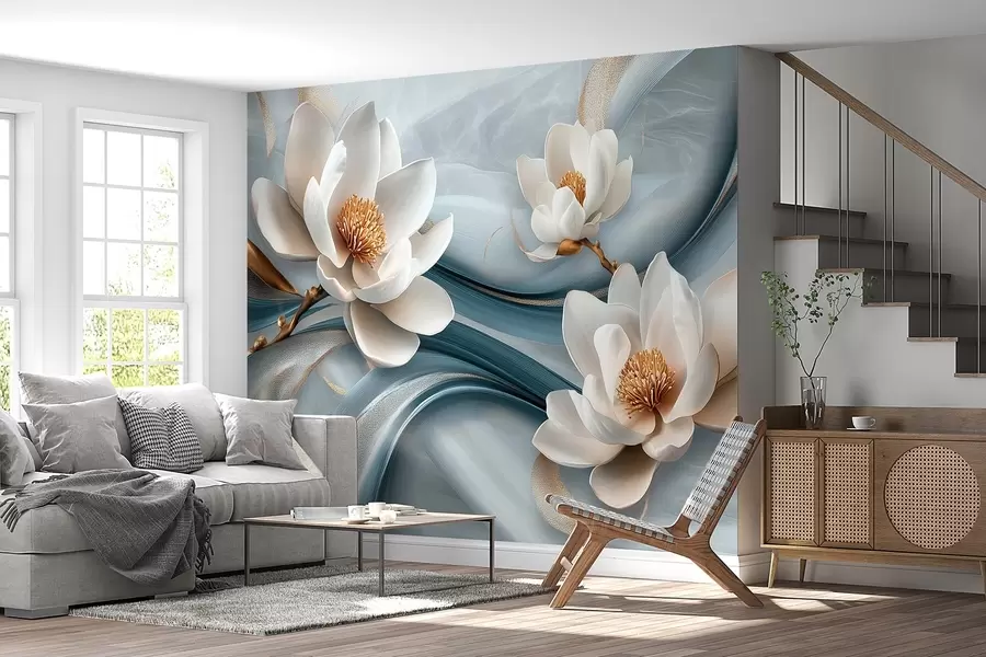 Fototapetes Magnolijas ziedi apvienojumā ar ziliem, baltiem un dzelteniem toņiem ar abstraktiem viļņiem w08695