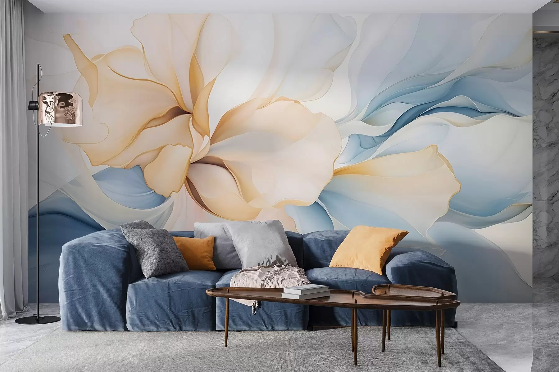 Fototapetes Plūstošas abstraktas ziedu ziedlapiņas caurspīdīgas un daudzslāņainas formas pasteļtoņos, persiku un zilos toņos w08701