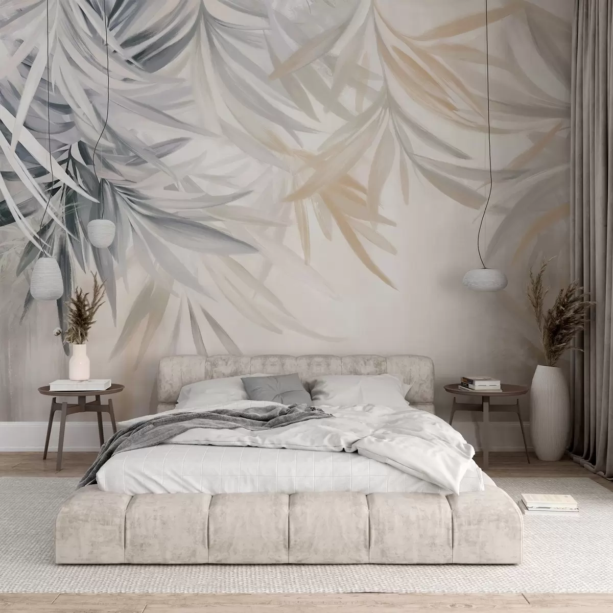 Fototapetes Maigas, plūstošas, gaišas tropu lapas pelēkos un persiku toņos, kas saplūst ar gaišu, neitrālu apdruku w08703