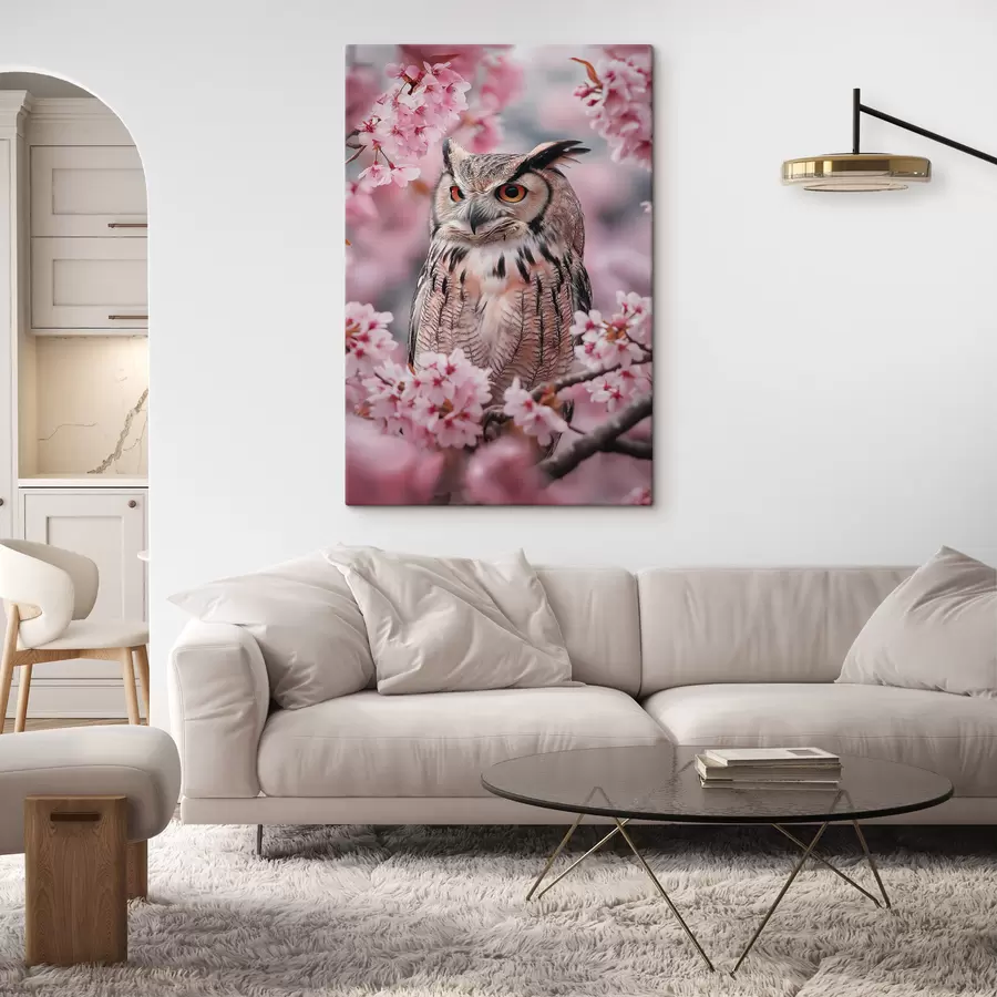 Glezna Skaista pūce uz ķiršu koka zara, daba, reālisms s42784