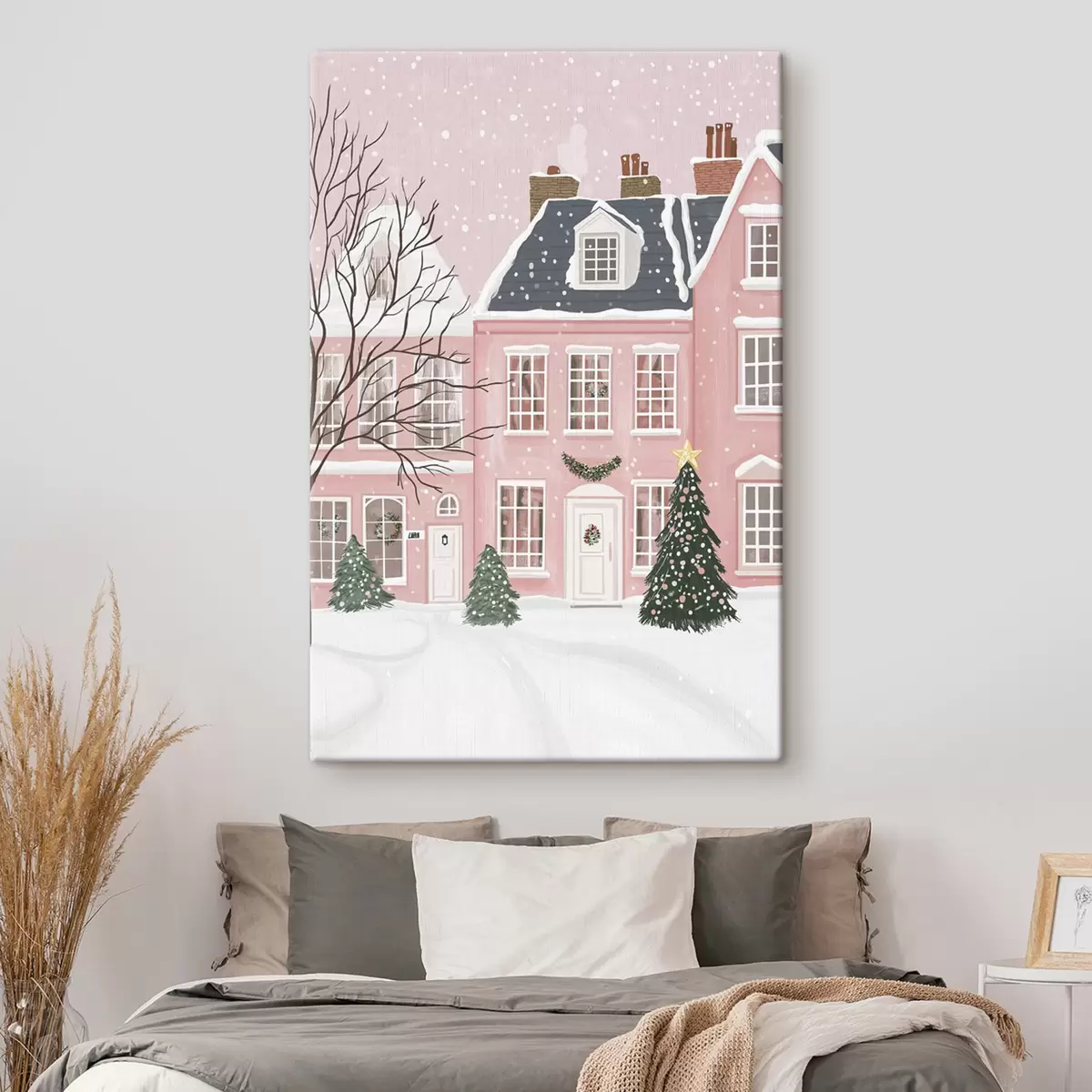 Glezna Jauki rozā mājas, priedes, ziemas ainavas  s42791