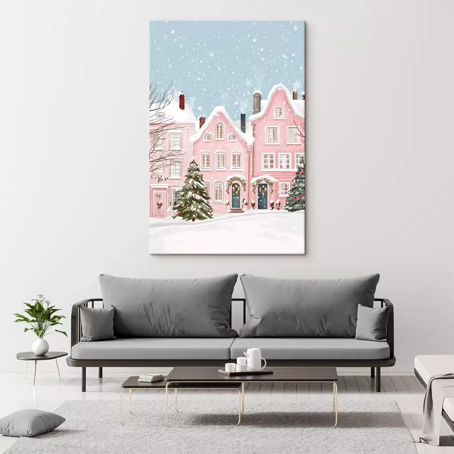 Glezna Skaista pilsētiņa ar mīļām rozā mājiņām, ziemas estētiku, sniegpārsliņām  s42793
