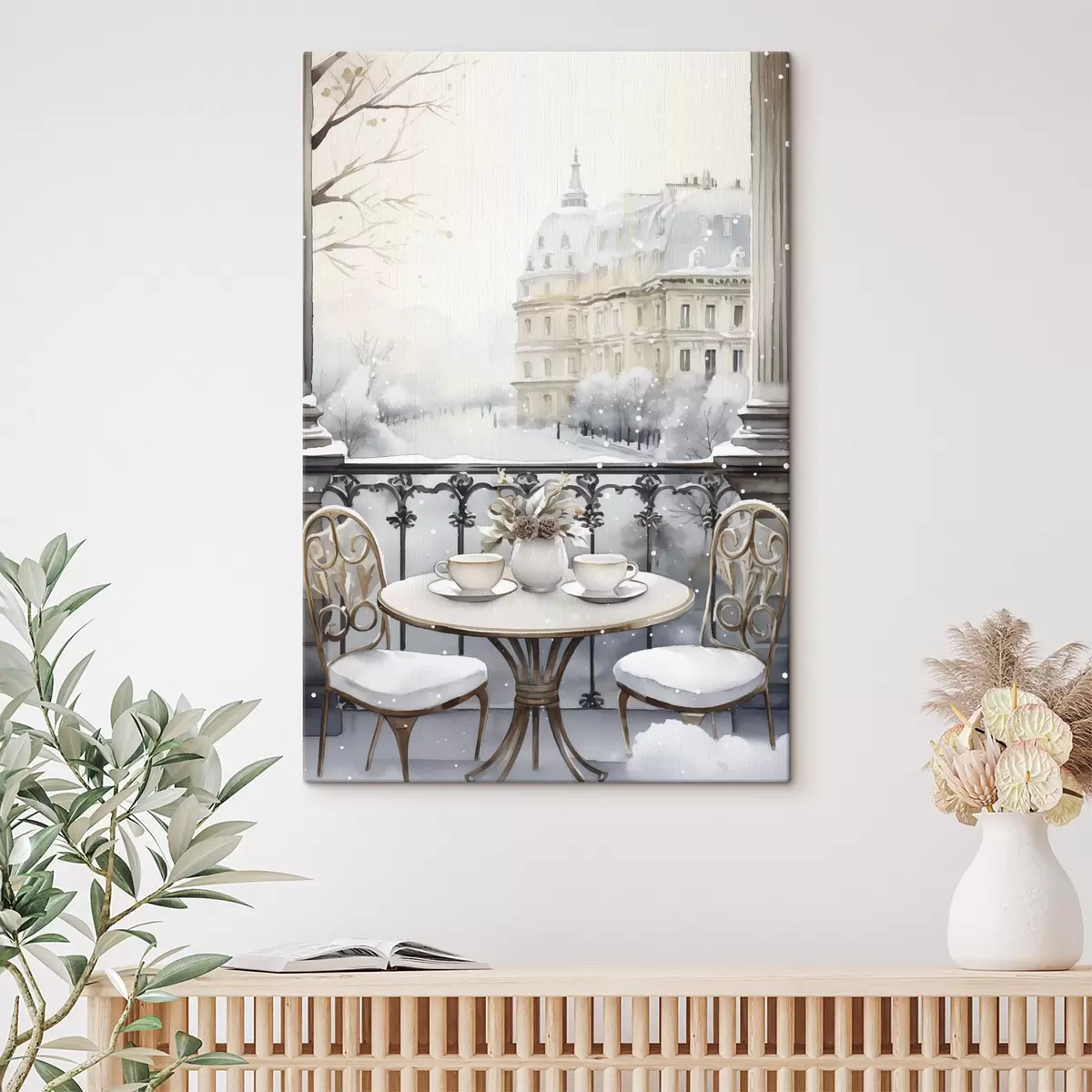 Glezna Skaista kafejnīca, tējas tases, bohēmas stils, akvarelis, ziemas estētika  s42796