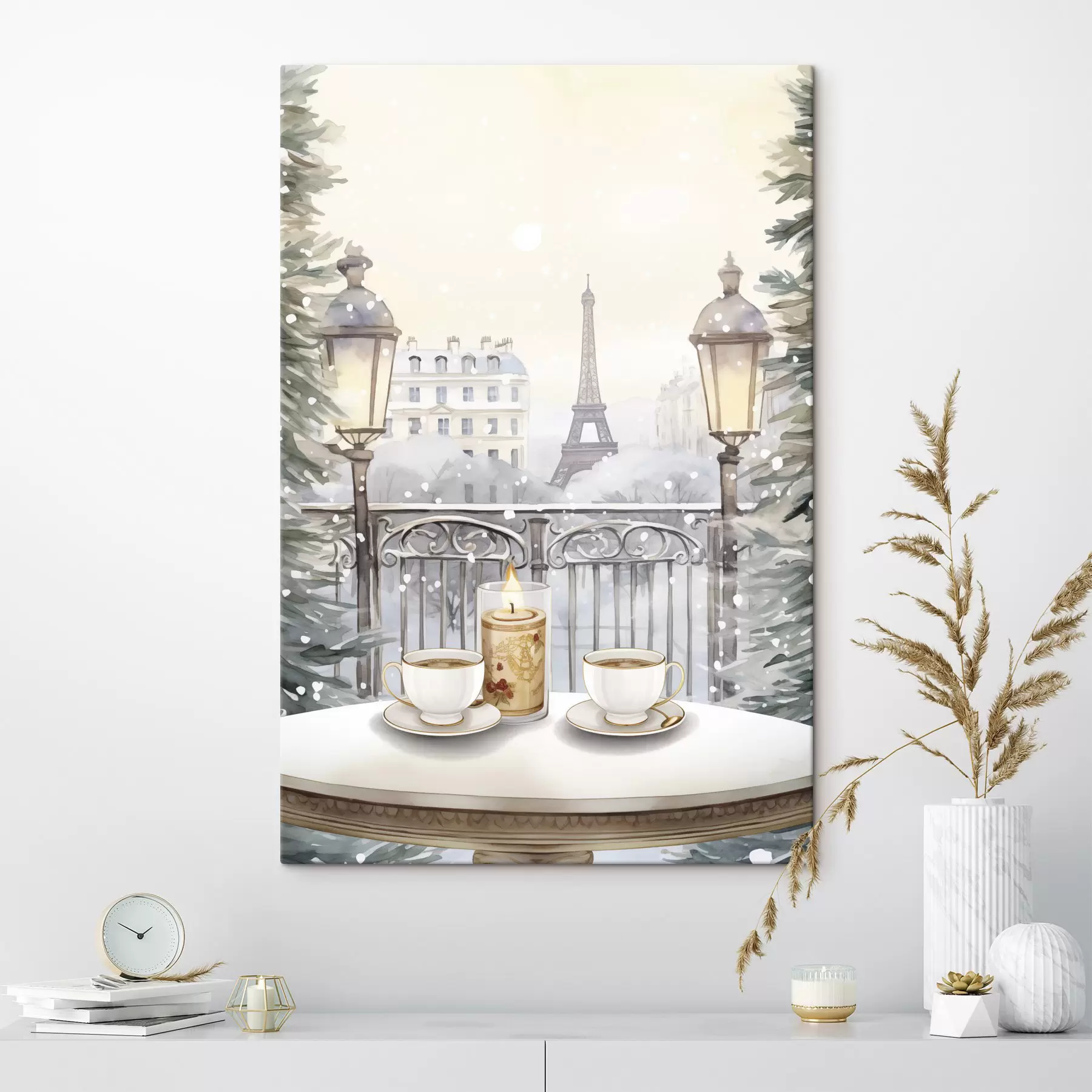 Glezna Skaista kafejnīca Parīzē, tējas tasītes, romantisks skats, ziema, akvareļu stils s42799
