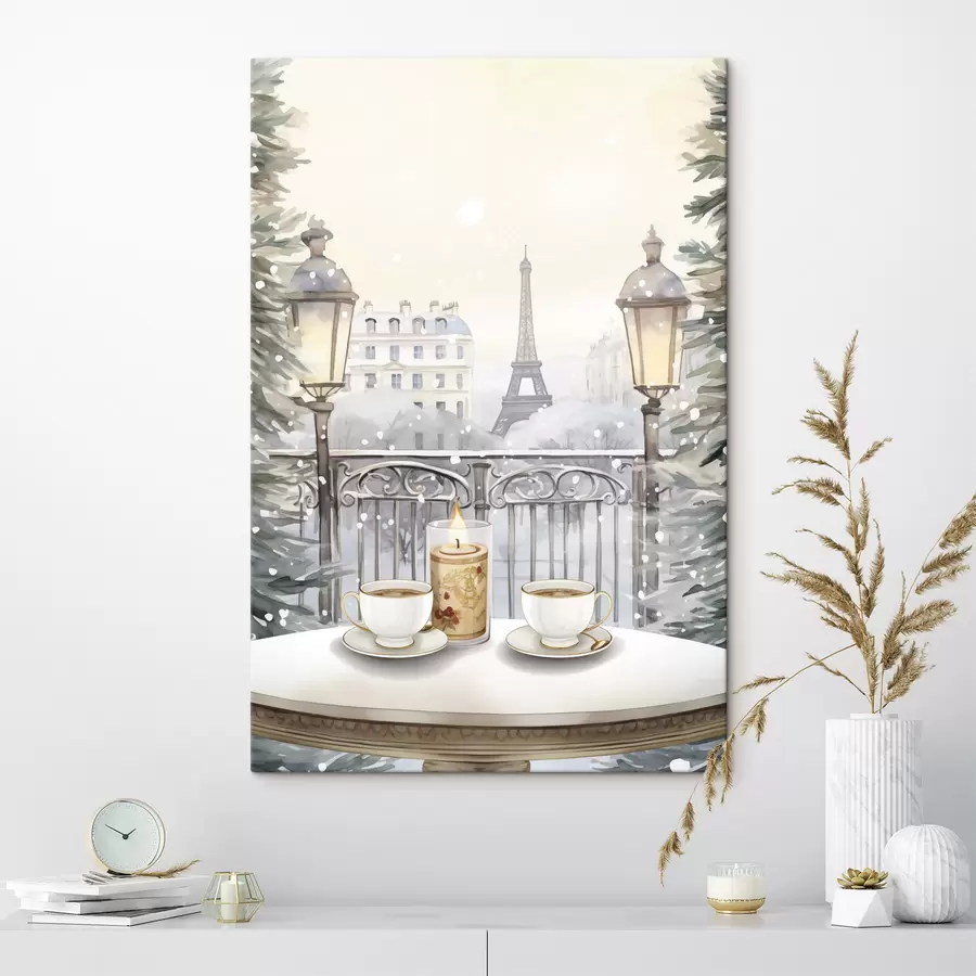 Glezna Skaista kafejnīca Parīzē, tējas tasītes, romantisks skats, ziema, akvareļu stils s42799