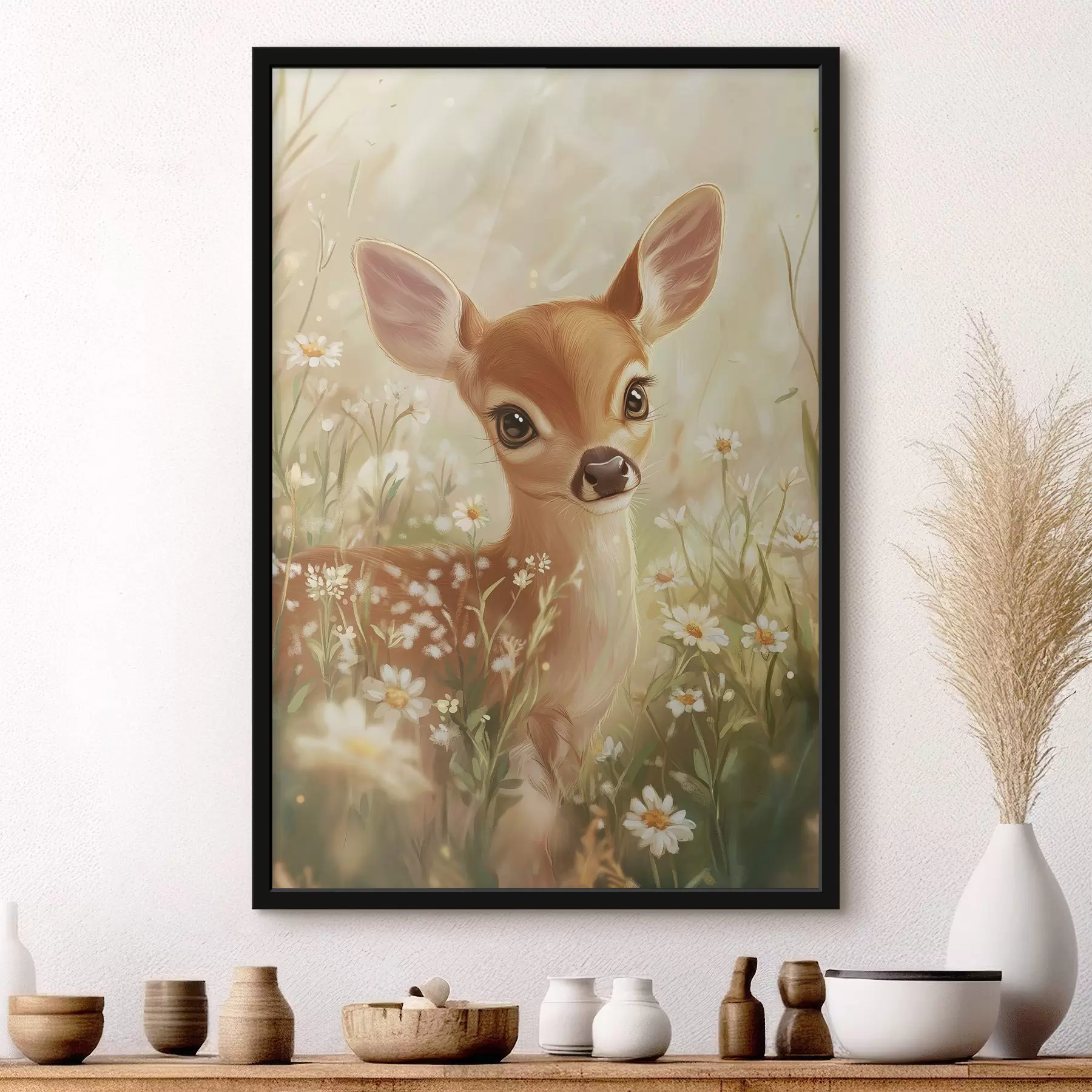 Fototapetes Gudrs briedis pļavā ar margrietiņu ziediem, eļļas stila zīmējums f42780