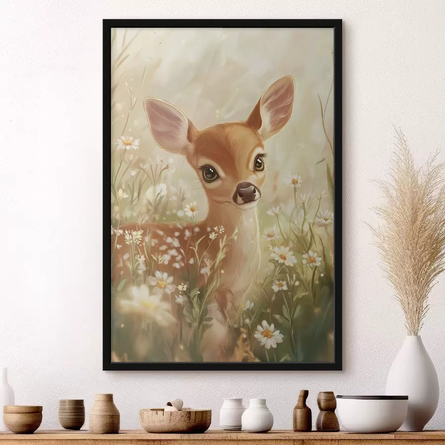 Fototapetes Gudrs briedis pļavā ar margrietiņu ziediem, eļļas stila zīmējums f42780